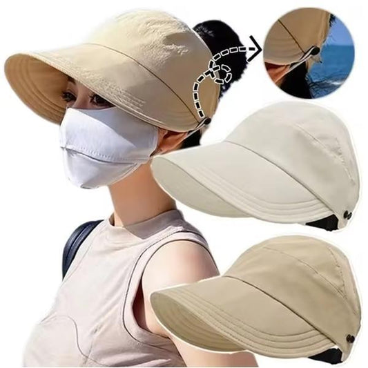 Wide Brim Adjustable Women's Sun Hat - Foldable Outdoor Beach Bucket Hat with UV Protection and Ponytail Design
