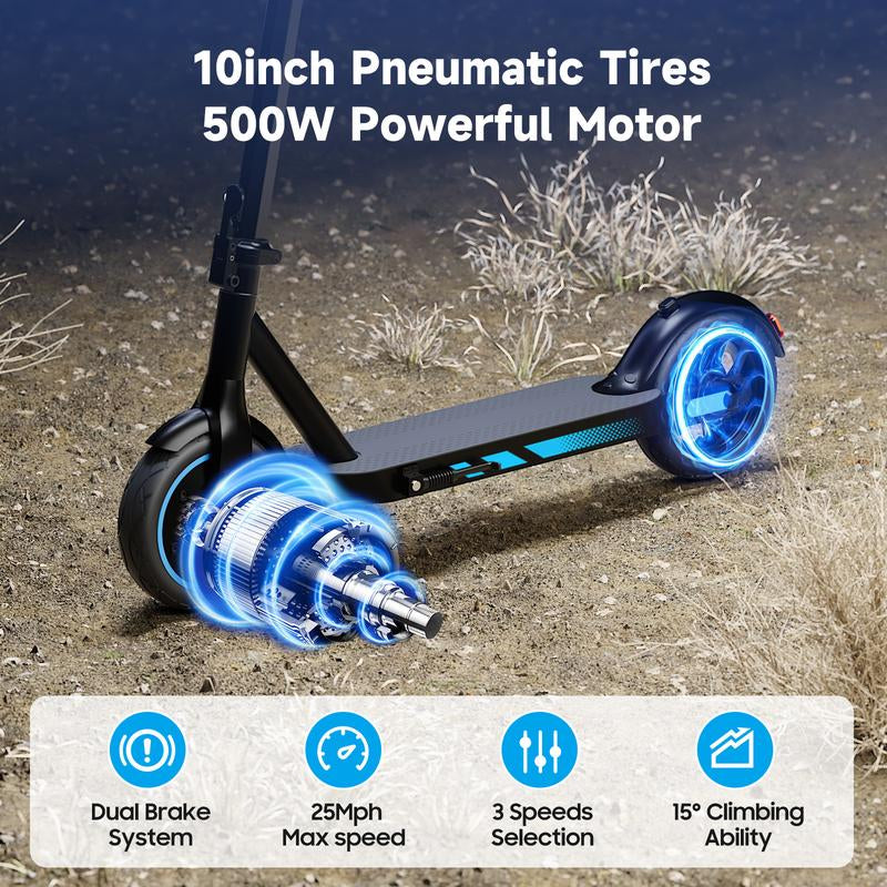 Smart E-Scooter for Adults 500W Motor Battery 25 MPH Max Speed 10Inch Solid Tires 36V 10.5Ah 35/45 Max Range Charge Time 6/7H Foldable E-Scooter with App Control & Disc Braking System for Smart APP Control Folding Neon Electric Guide Kick All-Terrain