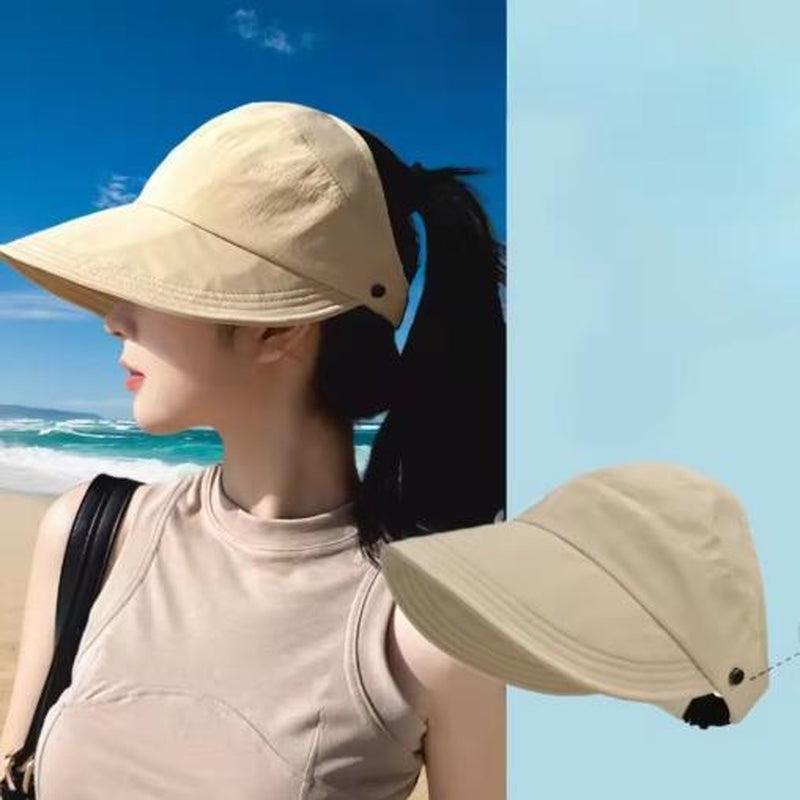 Wide Brim Adjustable Women's Sun Hat - Foldable Outdoor Beach Bucket Hat with UV Protection and Ponytail Design